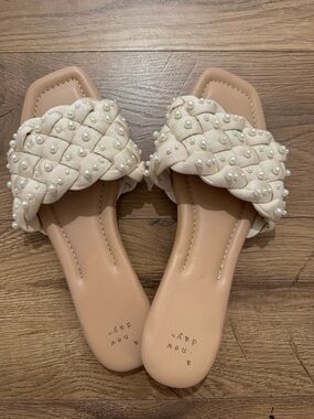 a new day Cream Braided Slide Sandals with Pearl Accents
